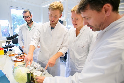 Billede af Studieleder Henrik Siegumfeldt (yderst til højre) sammen med studerende på Institut for Fødevarevidenskab (FOOD)